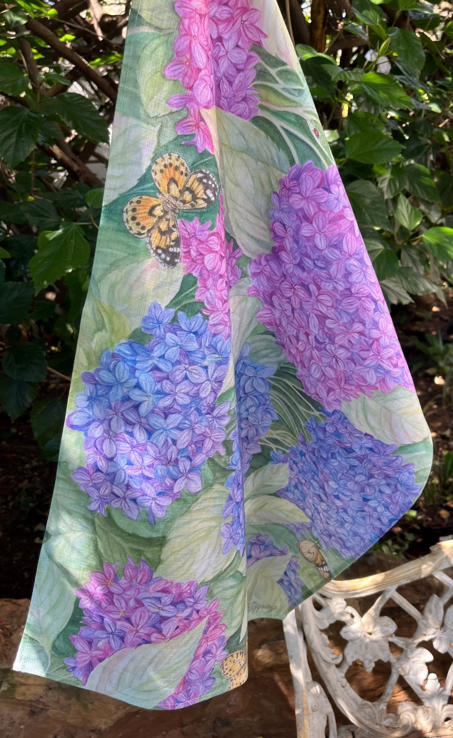 IMG_8759 100 % Cotton Slub Hydrangeas and Butterflies Tea Towel - Image 1